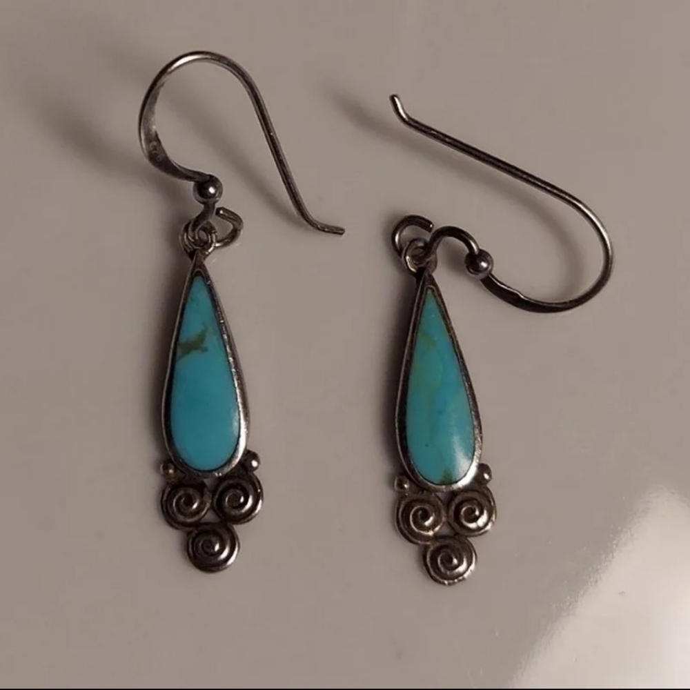 Bocco 925 Sterling Silver Turquoise Dangling Pierced Earrings 80s EUC Very Rare!